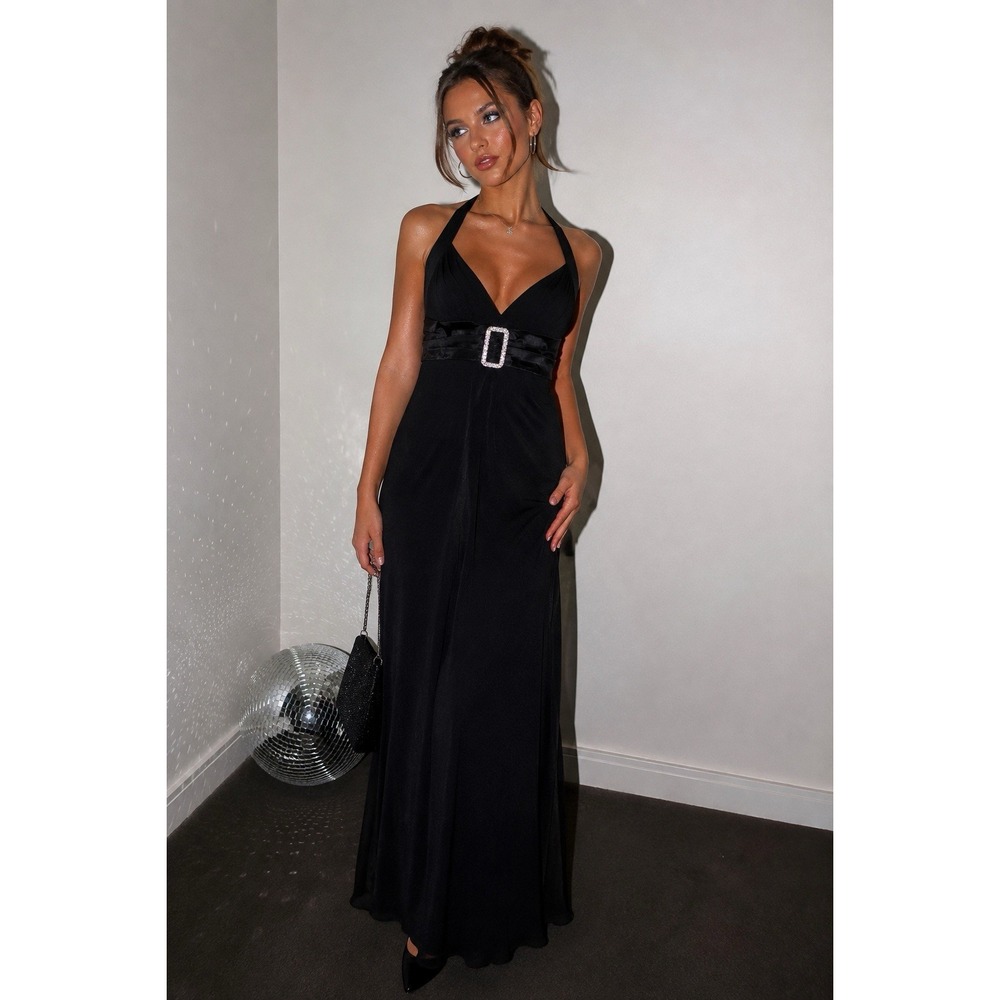 Vintage Y2K Taboo Black Halter Maxi Dress Sz L Whimsigoth 2000s Prom McBling